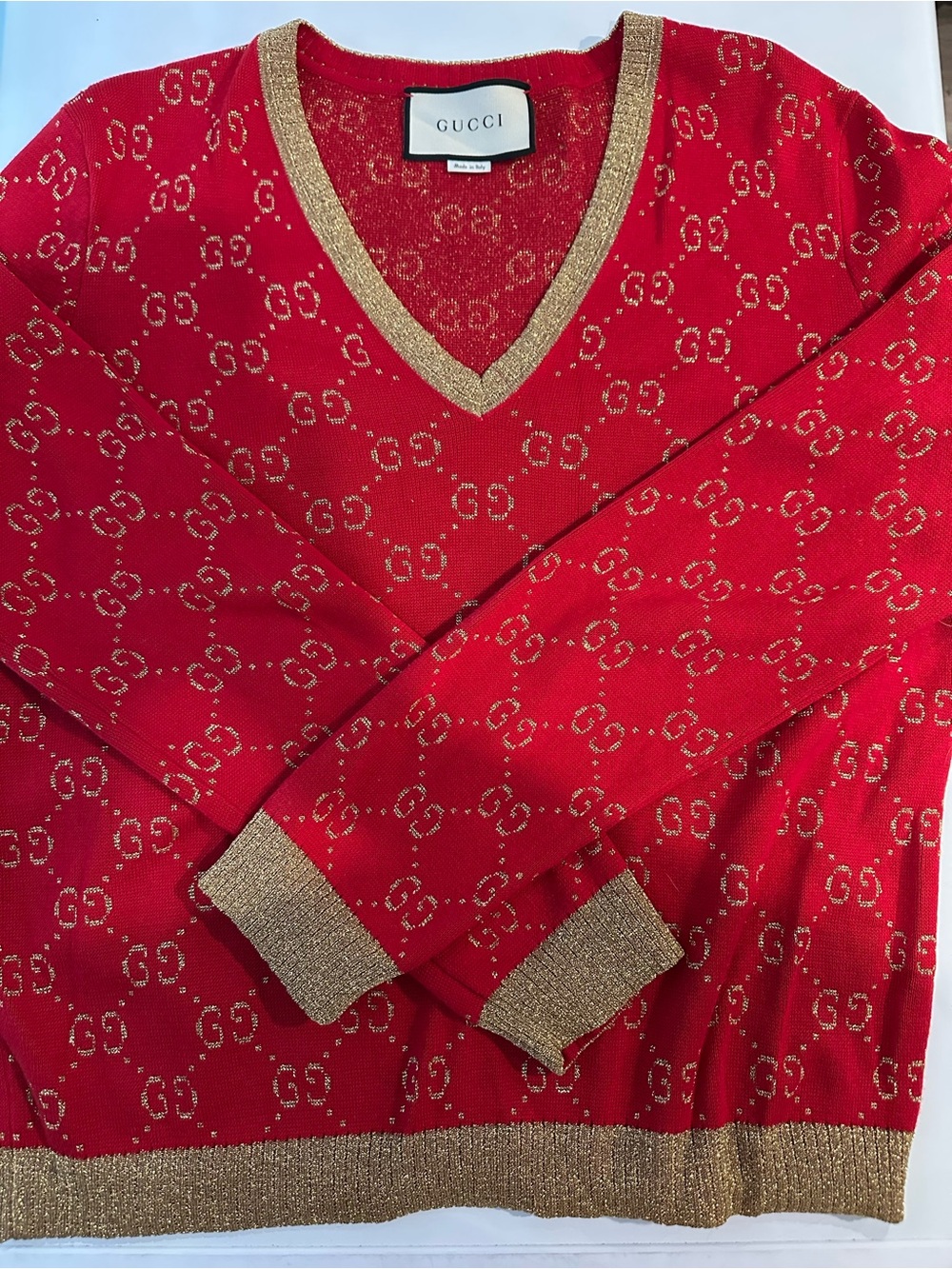 Gucci Red V-Neck Sweater with Gold Trim and Monogram